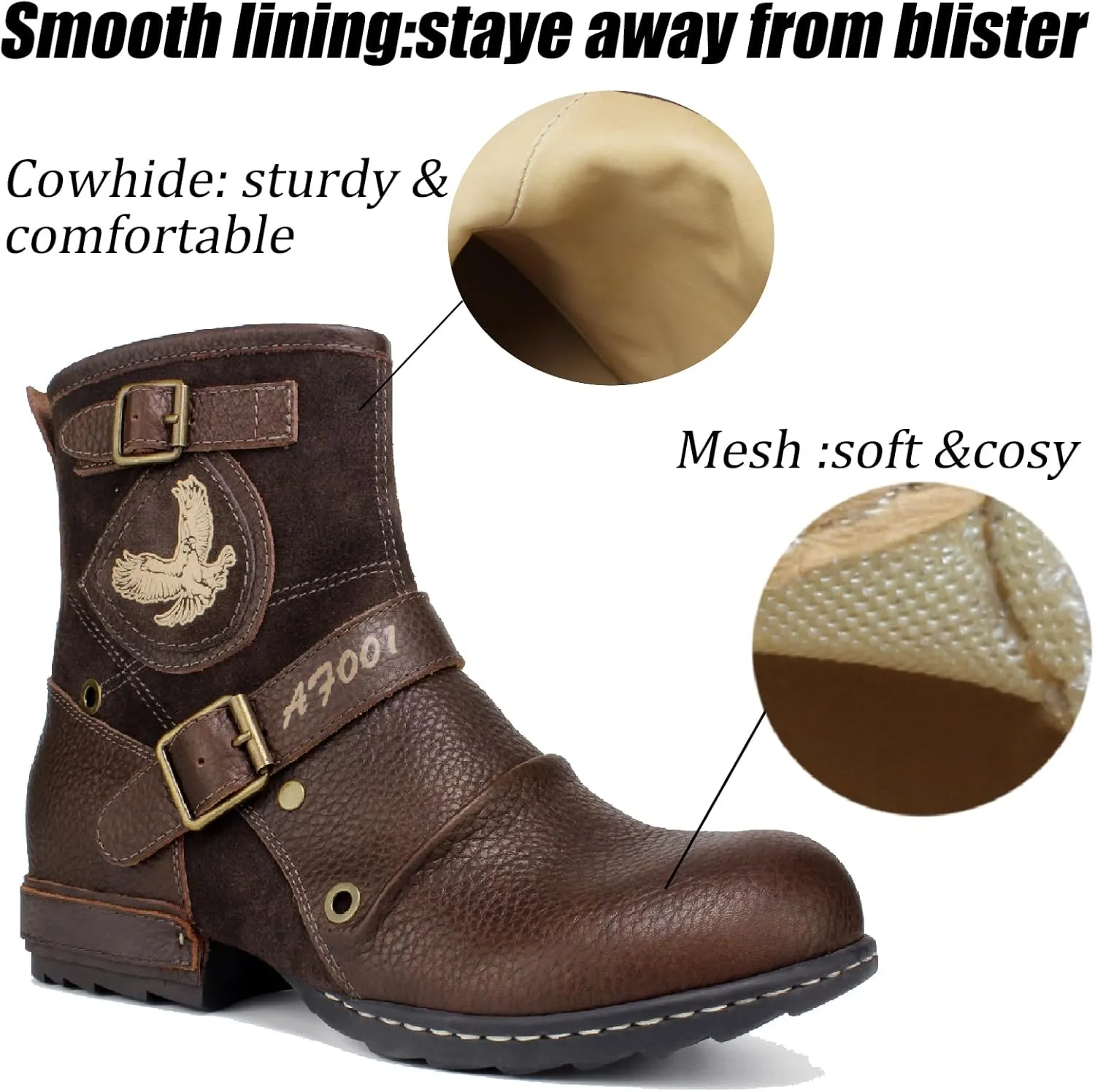 Motorcycle Boots Men Waterproof Leather -Retro Moto Biker Boots with Zip Up & Harness, Riding Combat Boots for Men Casual & Daily Wear