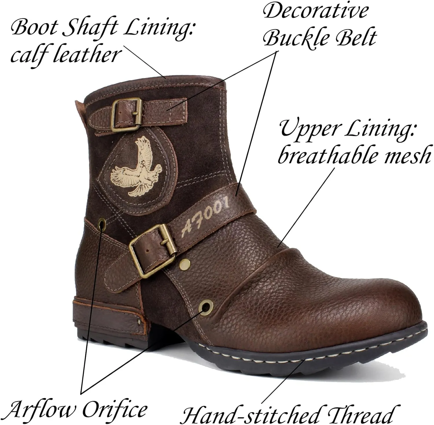 Motorcycle Boots Men Waterproof Leather -Retro Moto Biker Boots with Zip Up & Harness, Riding Combat Boots for Men Casual & Daily Wear