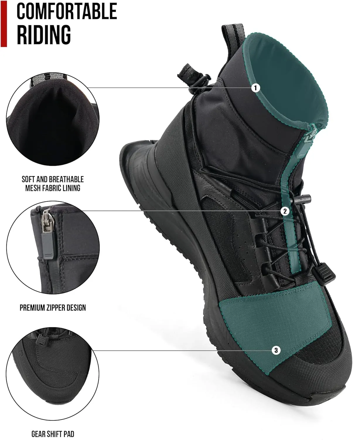 Motorcycle Shoes for Men Breathable Protective Reinforced Street Riding Shoe with Side Zipper Ankle Support Anti-Slip Sole Gear Pad Black