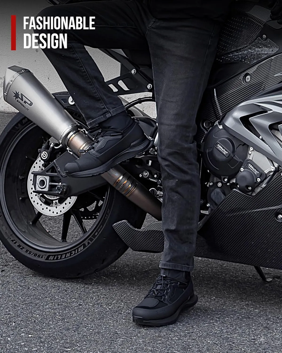 Motorcycle Shoes for Men Breathable Protective Reinforced Street Riding Shoe with Side Zipper Ankle Support Anti-Slip Sole Gear Pad Black
