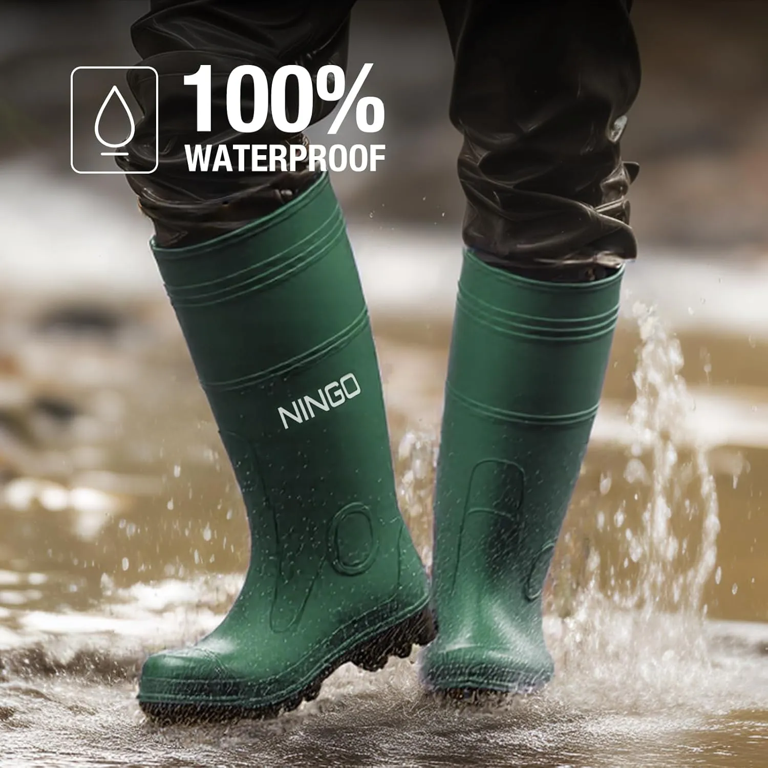 NINGO Men's Steel Toe Rain Boots, Waterproof Rubber Boots, Seamless PVC Rainboots, Puncture and Slip Resistant, Outdoor Fishing Gardening Boots for Men, for Agriculture and Industrial Working