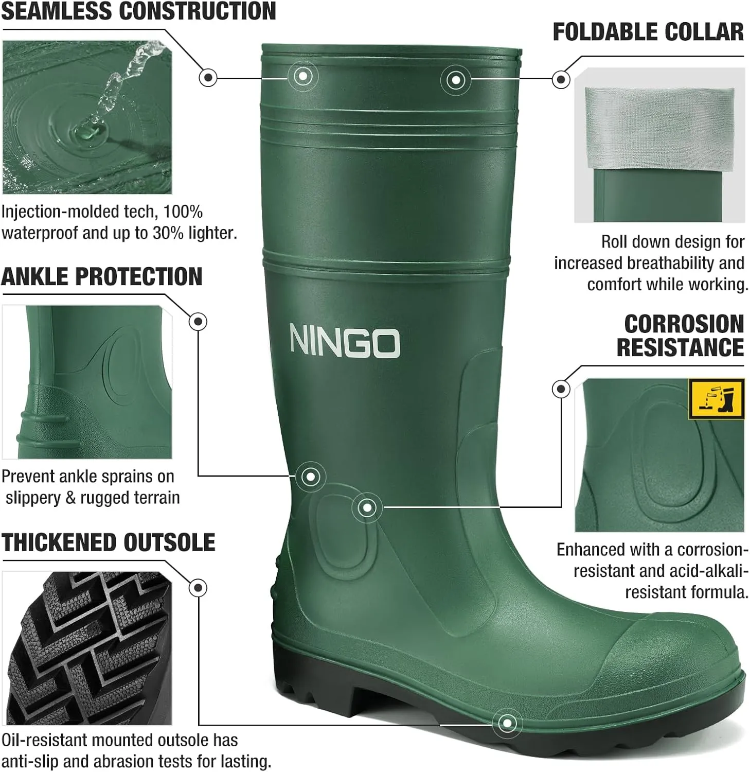 NINGO Men's Steel Toe Rain Boots, Waterproof Rubber Boots, Seamless PVC Rainboots, Puncture and Slip Resistant, Outdoor Fishing Gardening Boots for Men, for Agriculture and Industrial Working