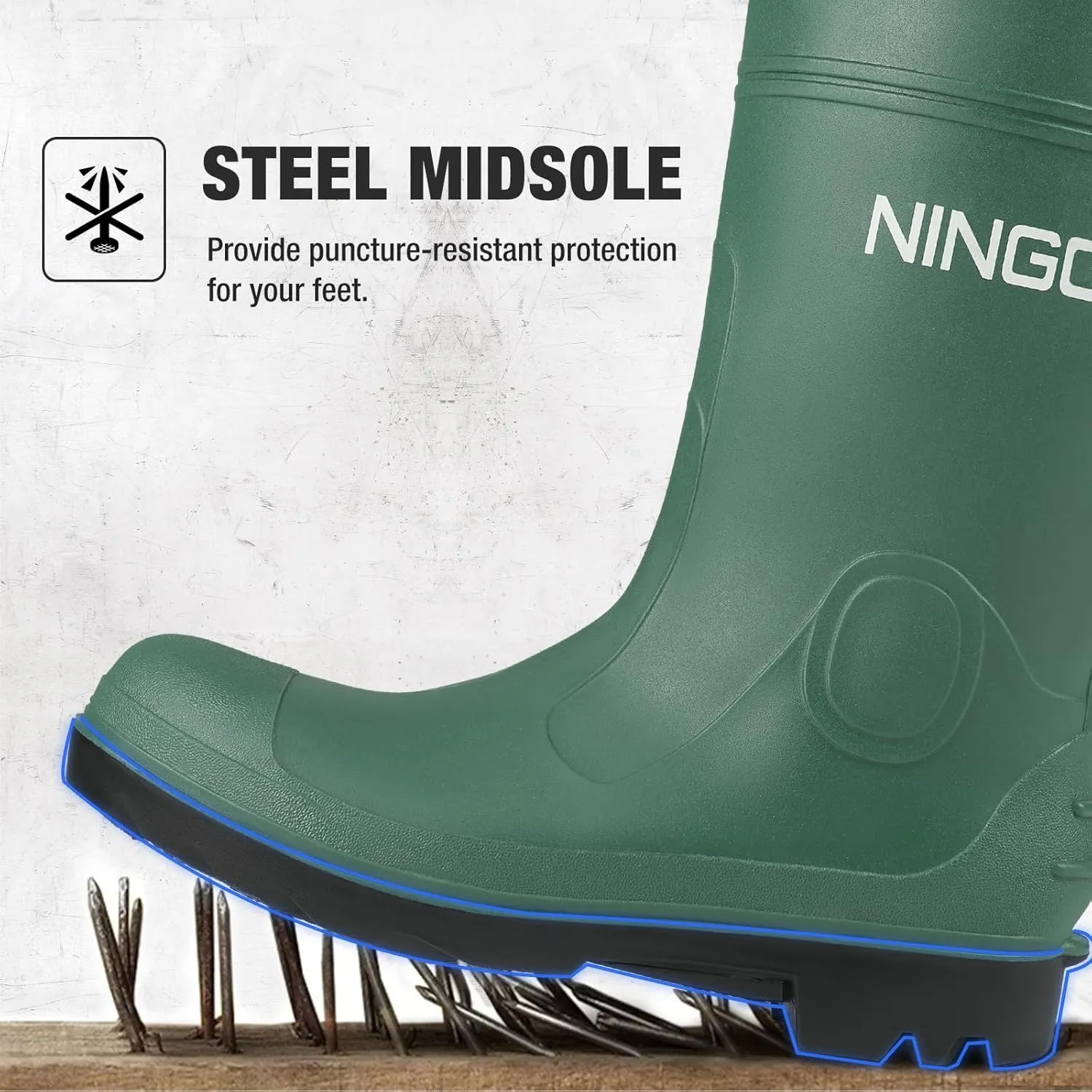 NINGO Men's Steel Toe Rain Boots, Waterproof Rubber Boots, Seamless PVC Rainboots, Puncture and Slip Resistant, Outdoor Fishing Gardening Boots for Men, for Agriculture and Industrial Working