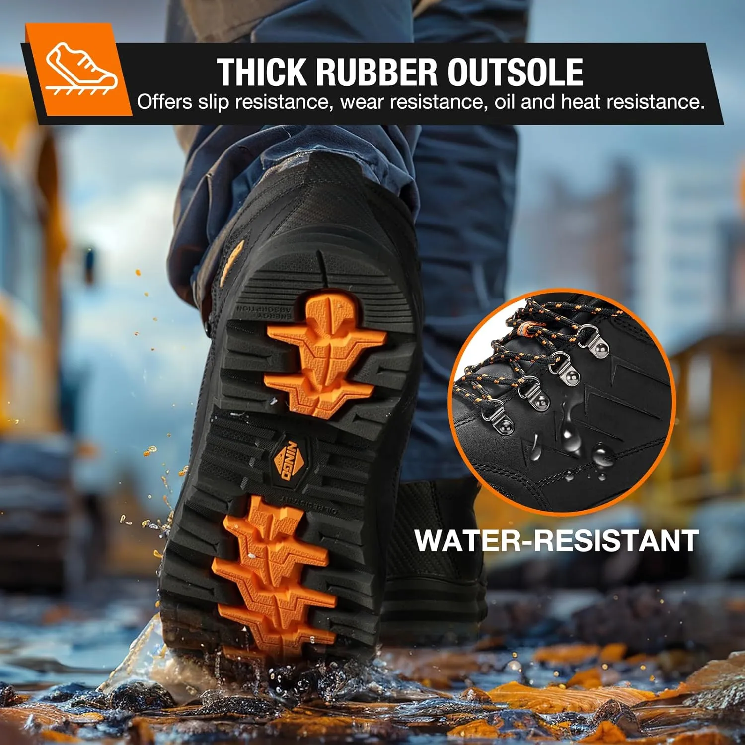 NINGO Mens Steel Toe Work Boots, Full Grain Leather, Oil and Slip Resistant, Puncture Proof Construction Boots with Breathable Lining, Anti-static, Mens Safety Boots for Industrial, Warehouse