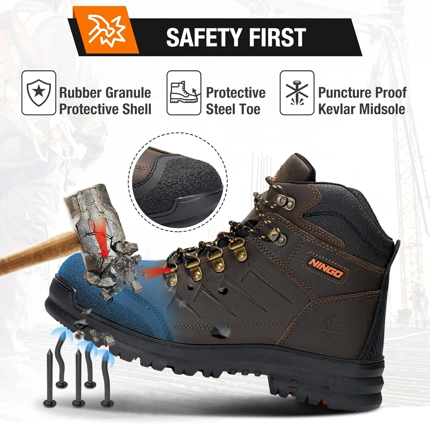 NINGO Mens Steel Toe Work Boots, Full Grain Leather, Oil and Slip Resistant, Puncture Proof Construction Boots with Breathable Lining, Anti-static, Mens Safety Boots for Industrial, Warehouse