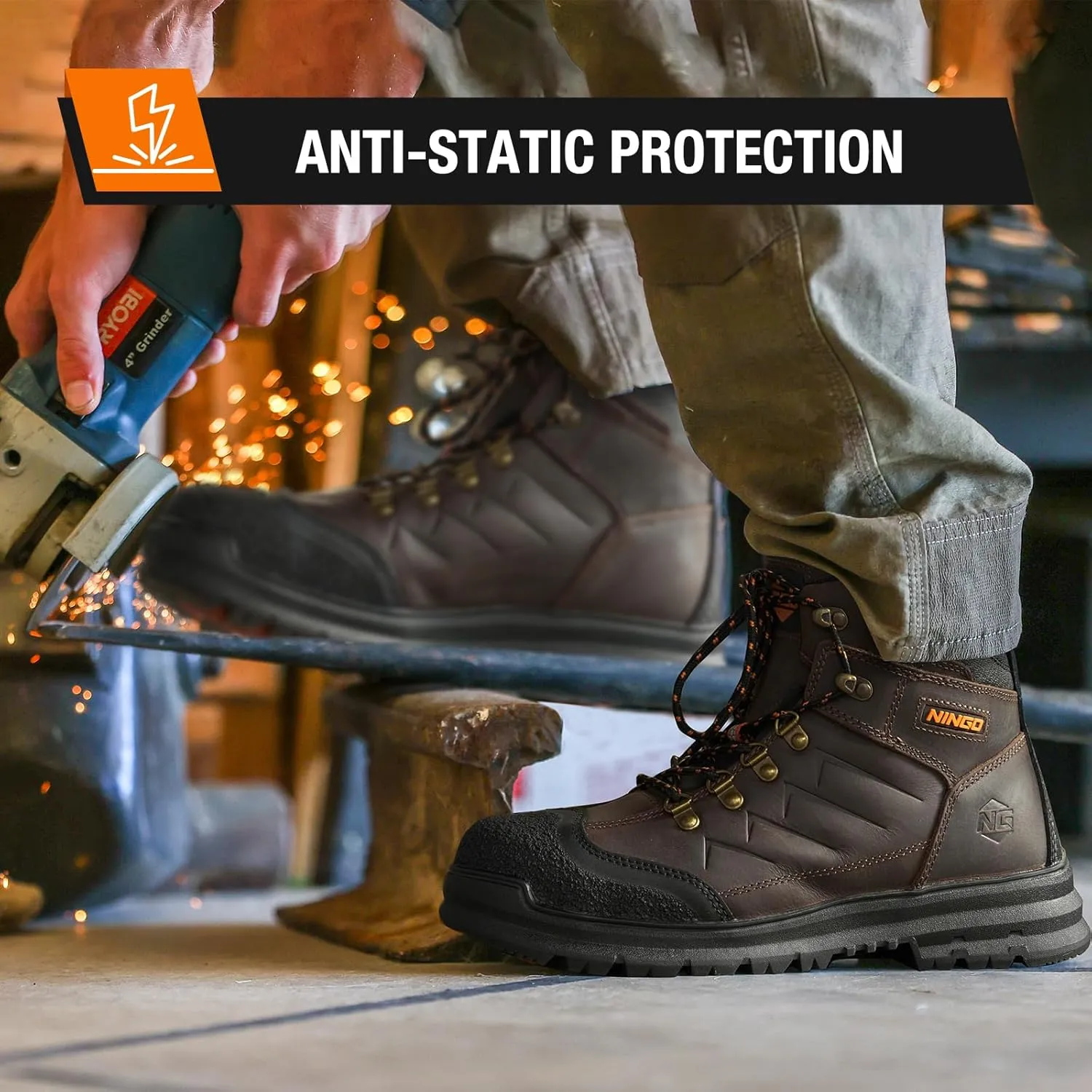 NINGO Mens Steel Toe Work Boots, Full Grain Leather, Oil and Slip Resistant, Puncture Proof Construction Boots with Breathable Lining, Anti-static, Mens Safety Boots for Industrial, Warehouse