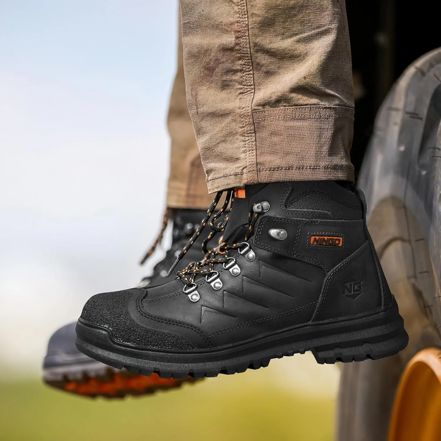 NINGO Mens Steel Toe Work Boots, Full Grain Leather, Oil and Slip Resistant, Puncture Proof Construction Boots with Breathable Lining, Anti-static, Mens Safety Boots for Industrial, Warehouse