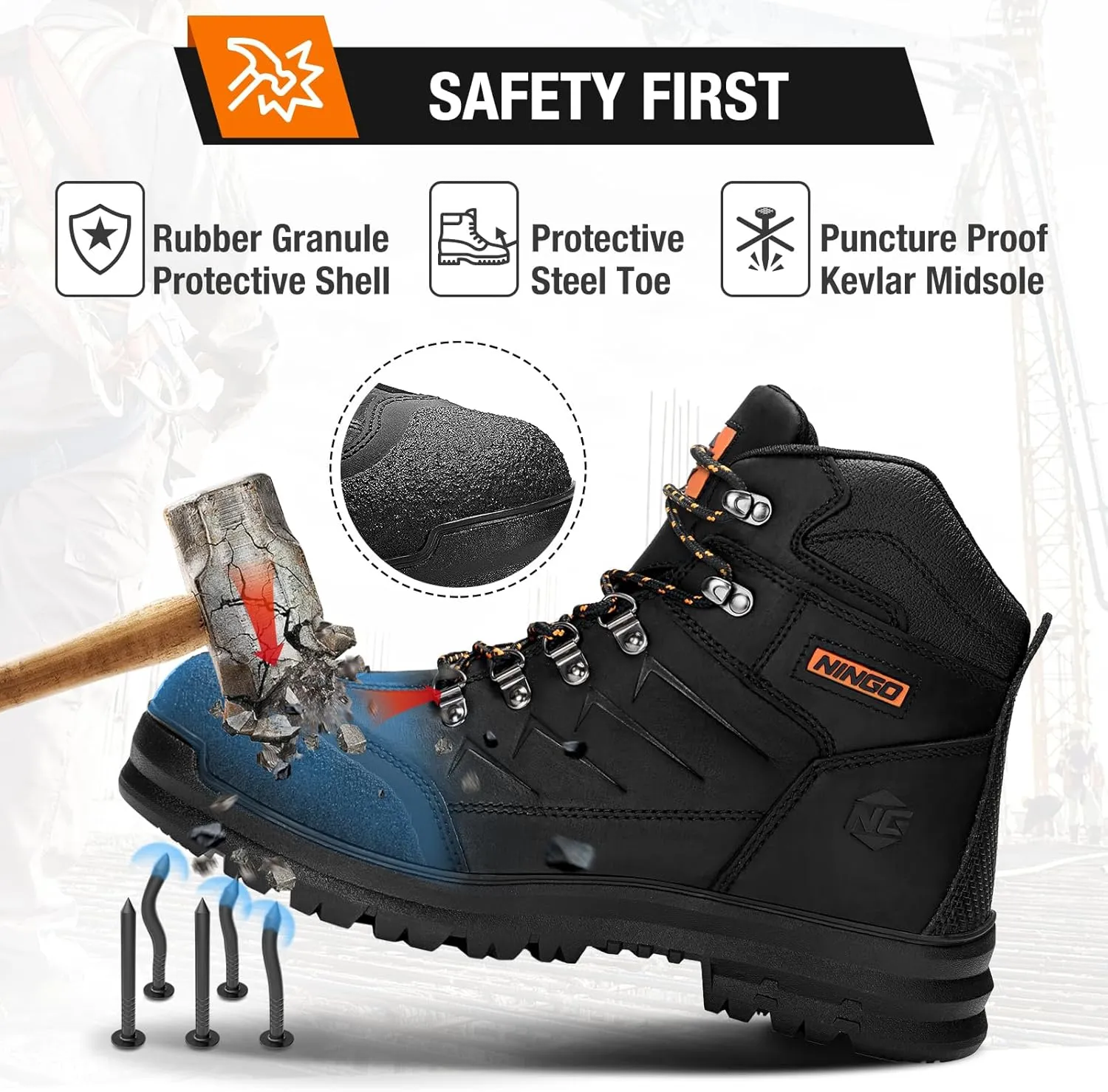NINGO Mens Steel Toe Work Boots, Full Grain Leather, Oil and Slip Resistant, Puncture Proof Construction Boots with Breathable Lining, Anti-static, Mens Safety Boots for Industrial, Warehouse