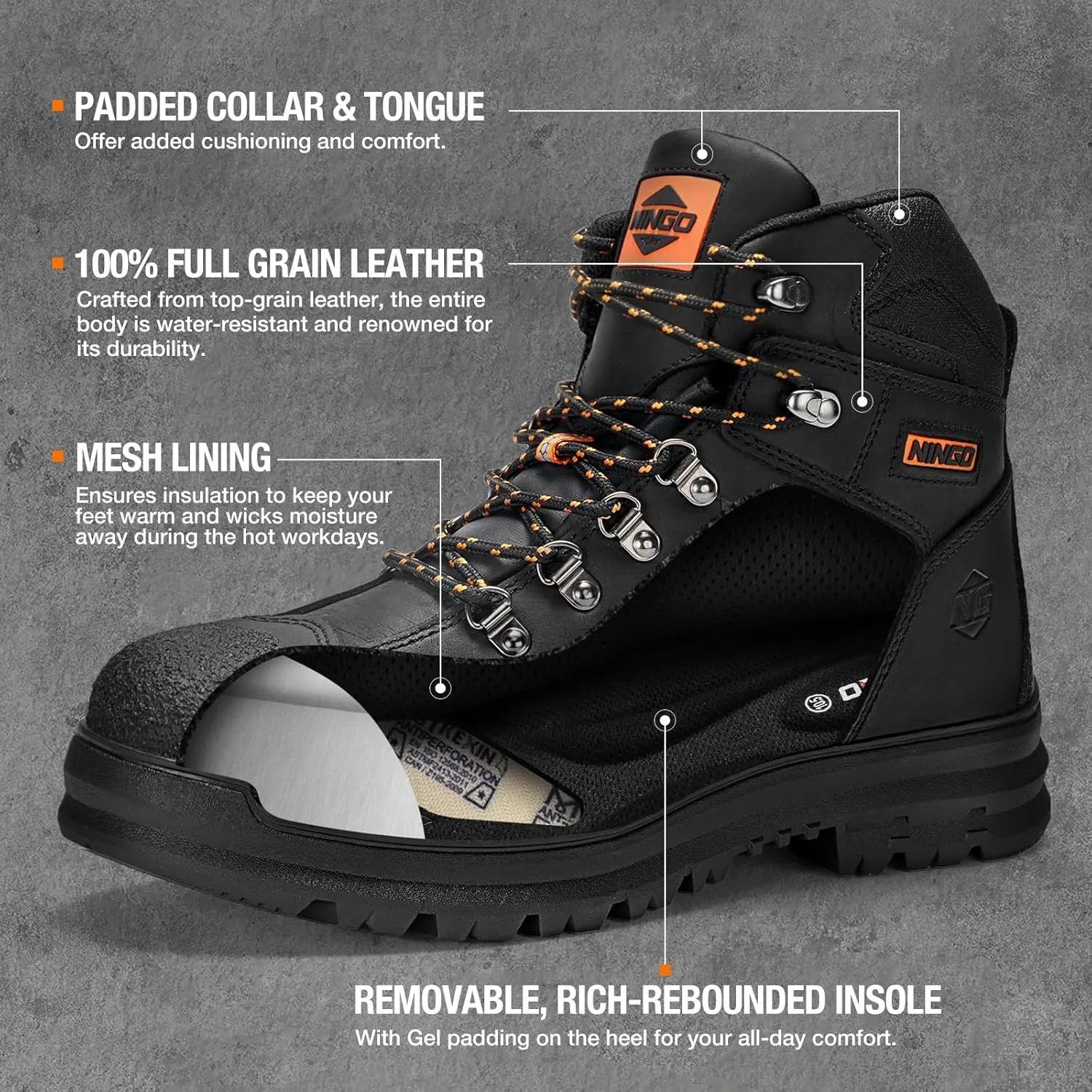 NINGO Mens Steel Toe Work Boots, Full Grain Leather, Oil and Slip Resistant, Puncture Proof Construction Boots with Breathable Lining, Anti-static, Mens Safety Boots for Industrial, Warehouse