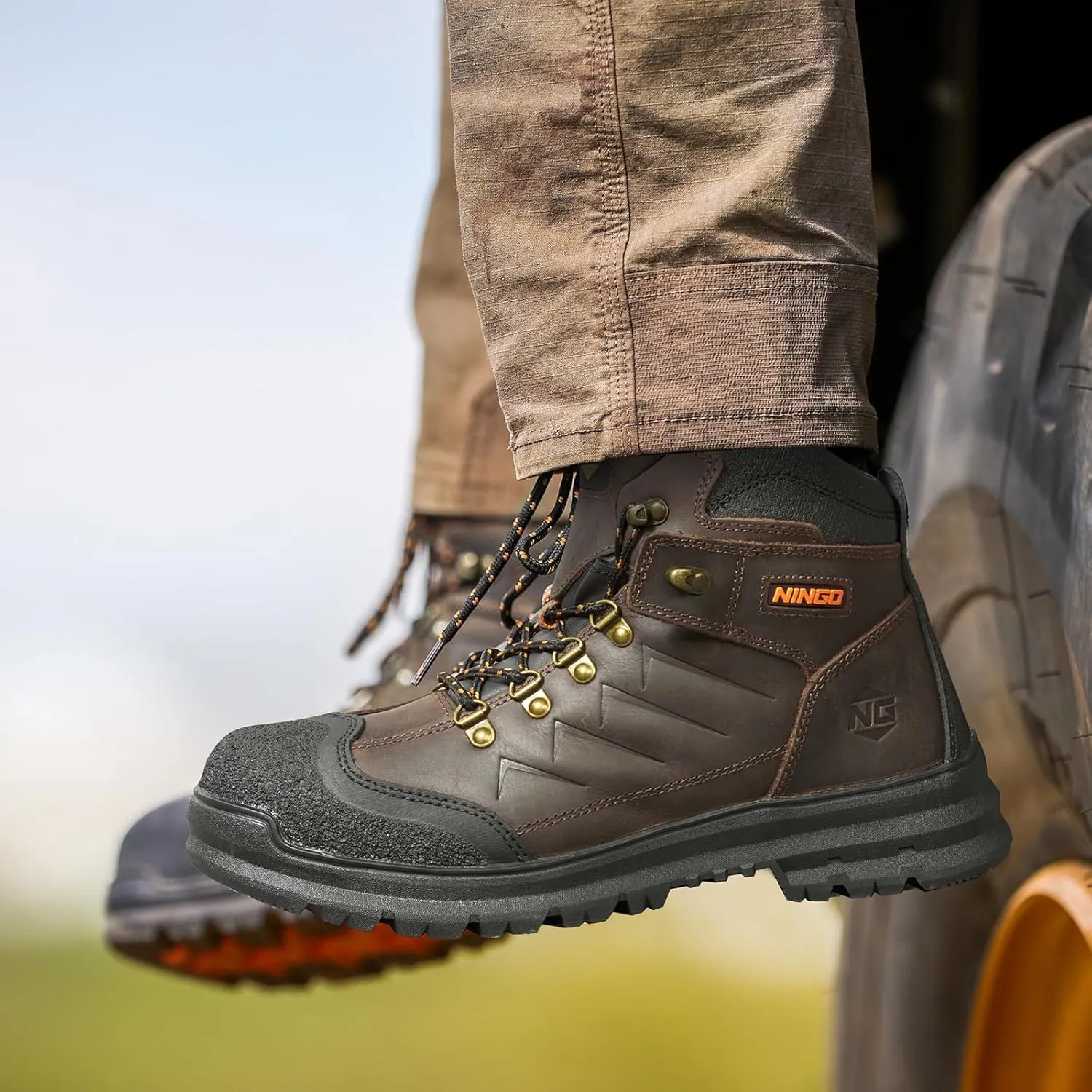 NINGO Mens Steel Toe Work Boots, Full Grain Leather, Oil and Slip Resistant, Puncture Proof Construction Boots with Breathable Lining, Anti-static, Mens Safety Boots for Industrial, Warehouse