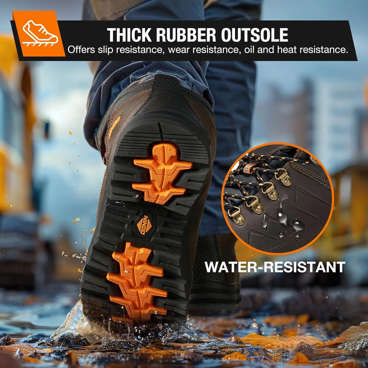 NINGO Mens Steel Toe Work Boots, Full Grain Leather, Oil and Slip Resistant, Puncture Proof Construction Boots with Breathable Lining, Anti-static, Mens Safety Boots for Industrial, Warehouse