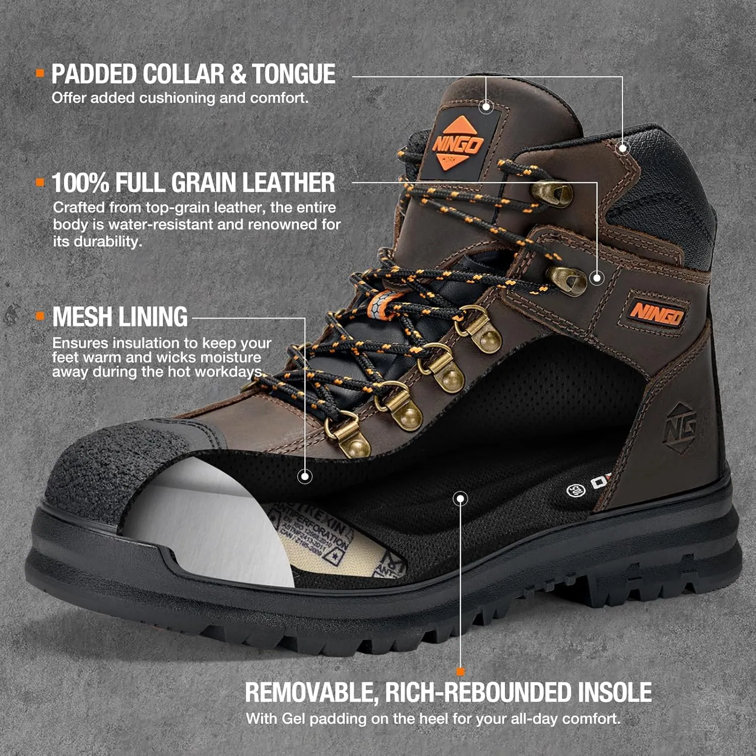 NINGO Mens Steel Toe Work Boots, Full Grain Leather, Oil and Slip Resistant, Puncture Proof Construction Boots with Breathable Lining, Anti-static, Mens Safety Boots for Industrial, Warehouse