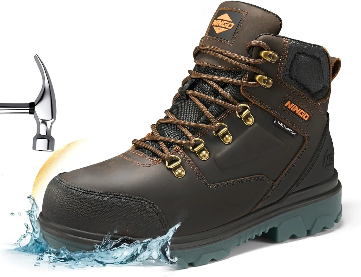 NINGO Mens Steel Toe Work Boots, Waterproof Heavy-Duty Safety Boots with Puncture Protection Oil & Slip Resistant, Steel Toe Work Shoes with Breathable Lining EH Protection for Construction Industrial