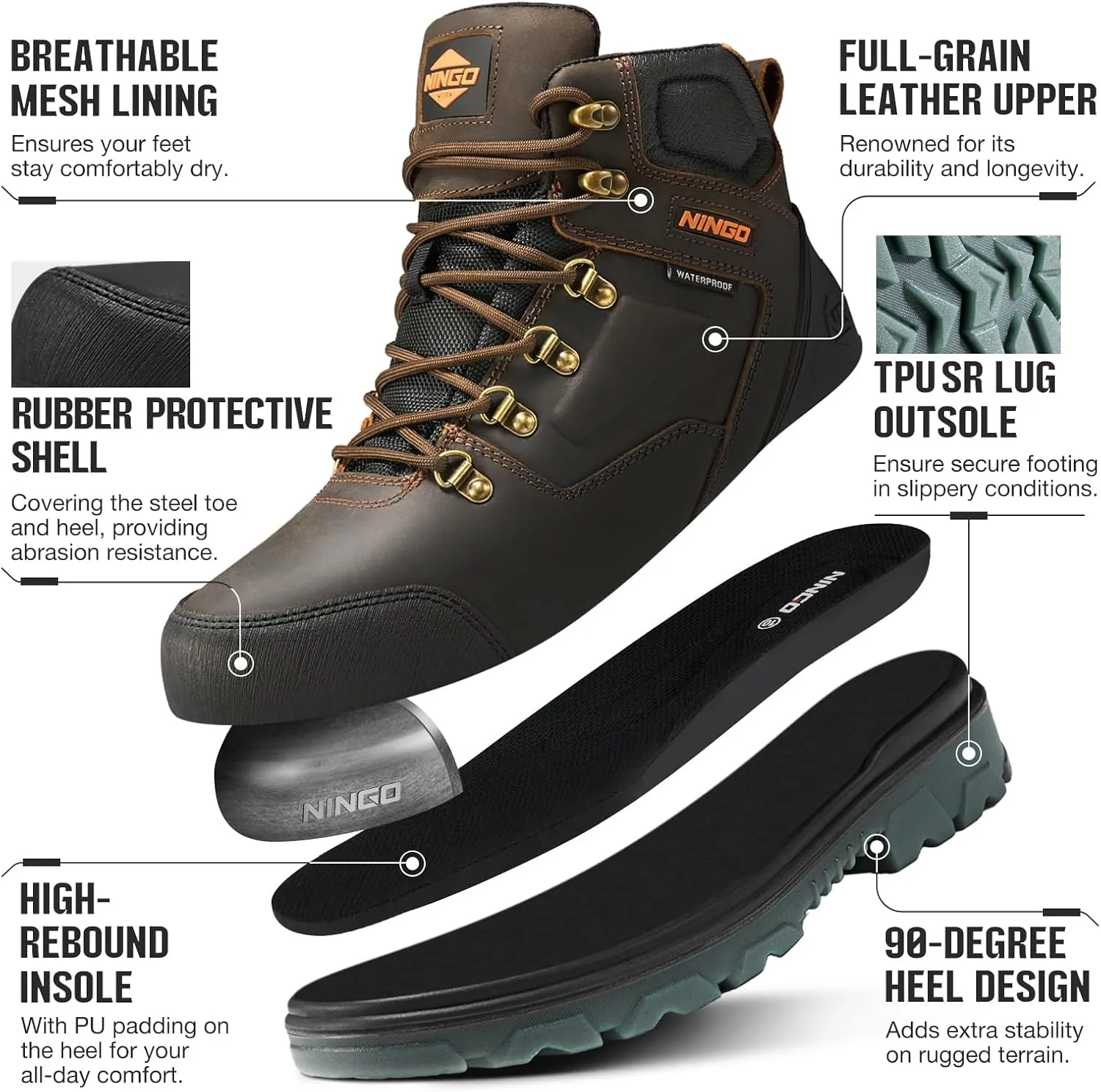NINGO Mens Steel Toe Work Boots, Waterproof Heavy-Duty Safety Boots with Puncture Protection Oil & Slip Resistant, Steel Toe Work Shoes with Breathable Lining EH Protection for Construction Industrial