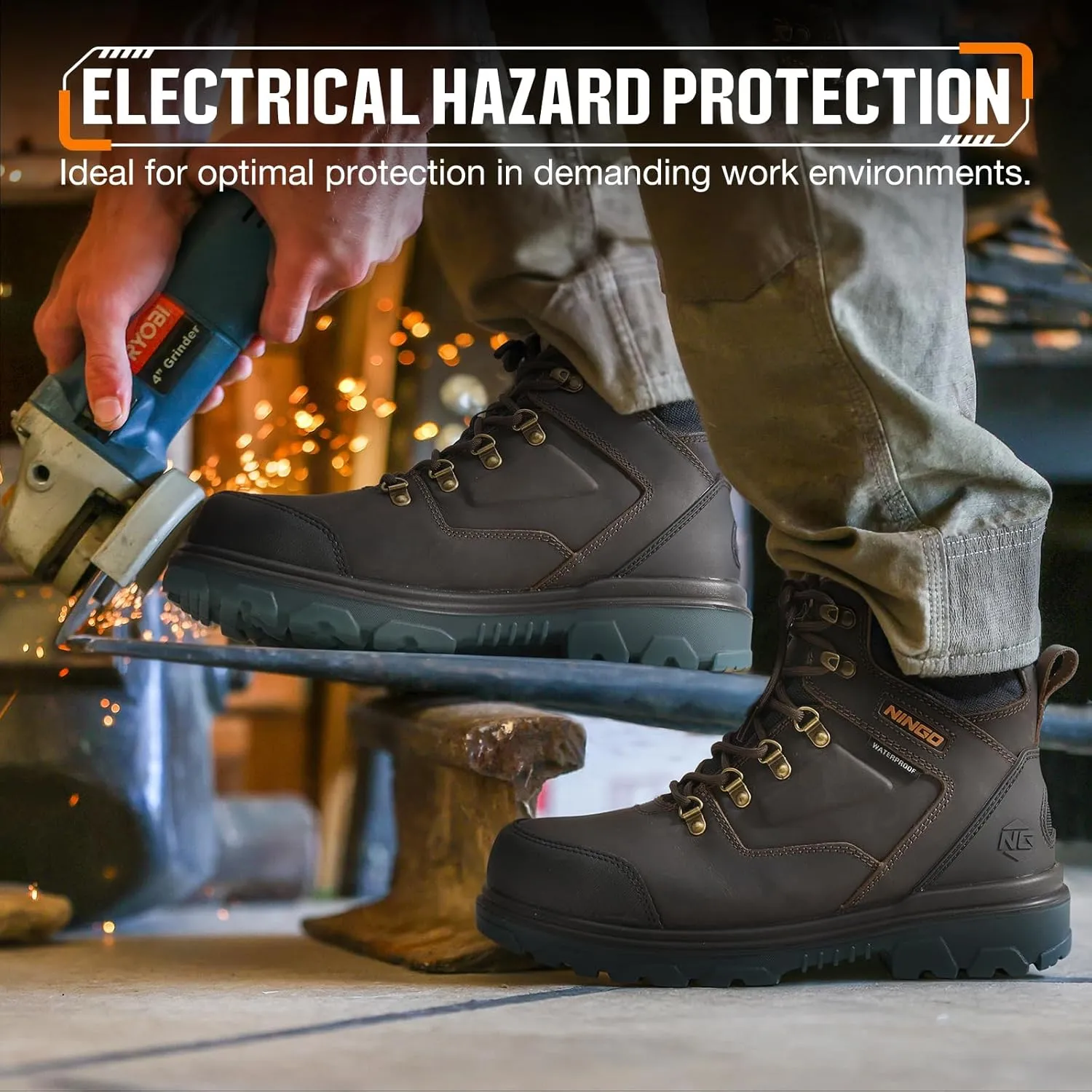 NINGO Mens Steel Toe Work Boots, Waterproof Heavy-Duty Safety Boots with Puncture Protection Oil & Slip Resistant, Steel Toe Work Shoes with Breathable Lining EH Protection for Construction Industrial