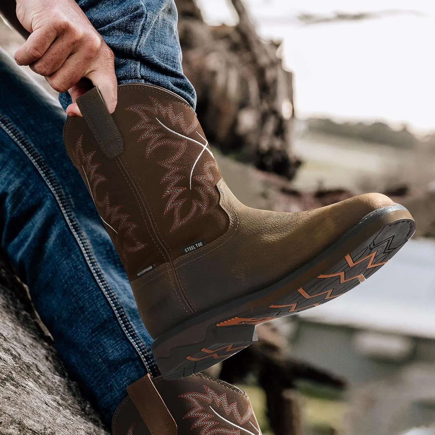 NINGO Mens Steel Toe Work Boots, Waterproof Square Toe Cowboy Boots for Men, Mens Slip on Safety Boots with Full-grain Leather, Oil Slip Resistant, EH Protection for Construction, Farming