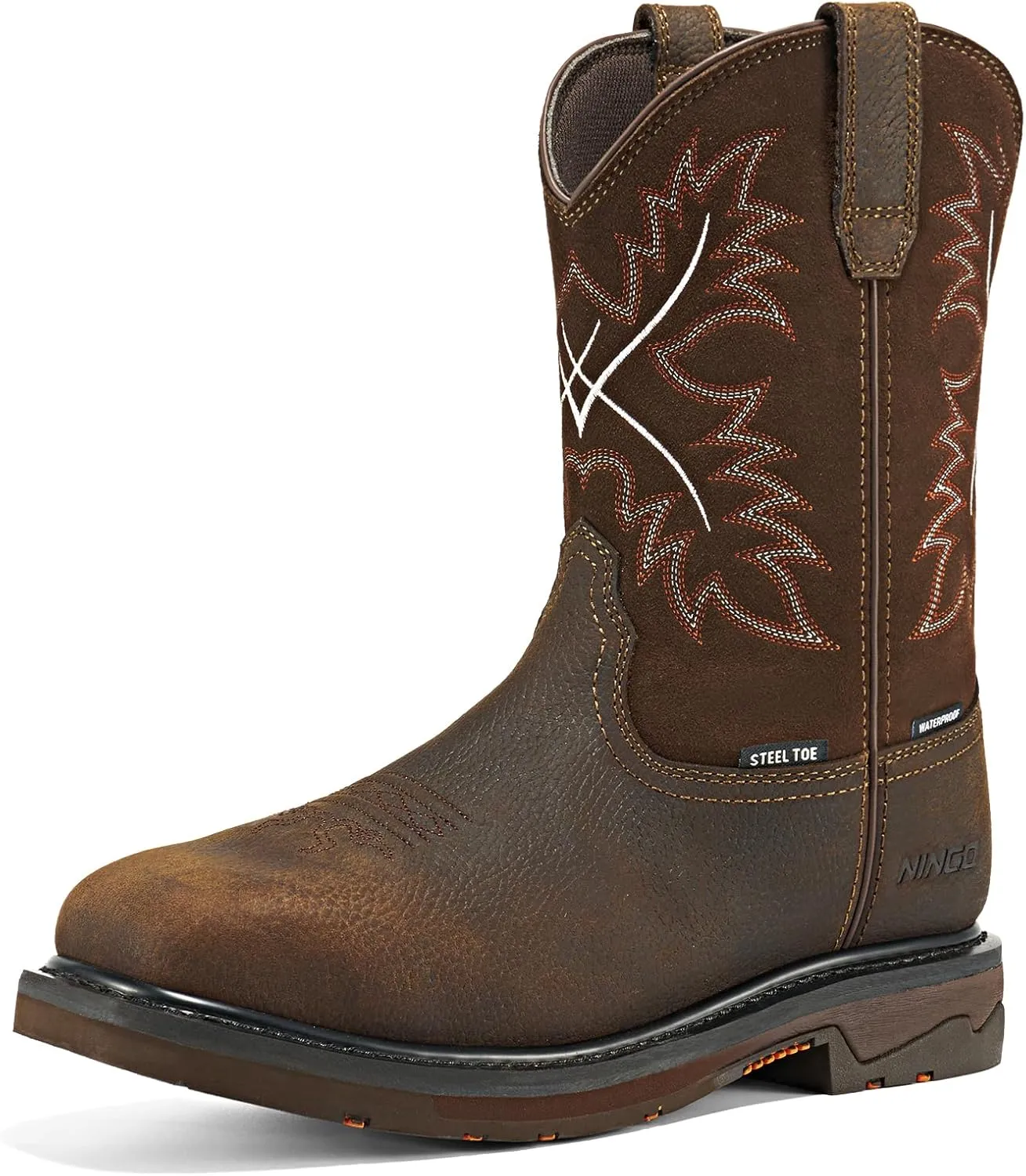 NINGO Mens Steel Toe Work Boots, Waterproof Square Toe Cowboy Boots for Men, Mens Slip on Safety Boots with Full-grain Leather, Oil Slip Resistant, EH Protection for Construction, Farming