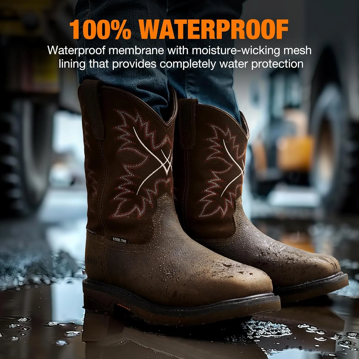 NINGO Mens Steel Toe Work Boots, Waterproof Square Toe Cowboy Boots for Men, Mens Slip on Safety Boots with Full-grain Leather, Oil Slip Resistant, EH Protection for Construction, Farming