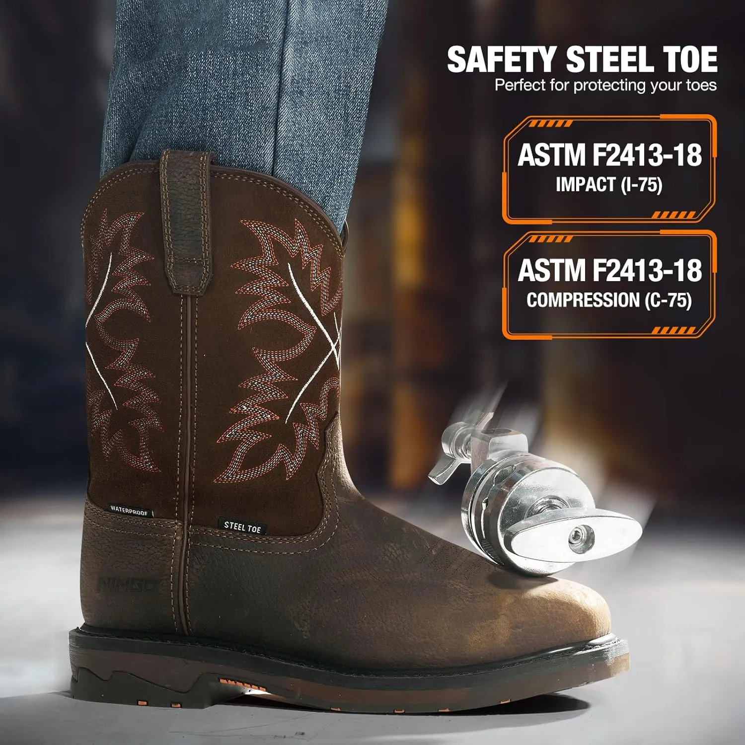 NINGO Mens Steel Toe Work Boots, Waterproof Square Toe Cowboy Boots for Men, Mens Slip on Safety Boots with Full-grain Leather, Oil Slip Resistant, EH Protection for Construction, Farming
