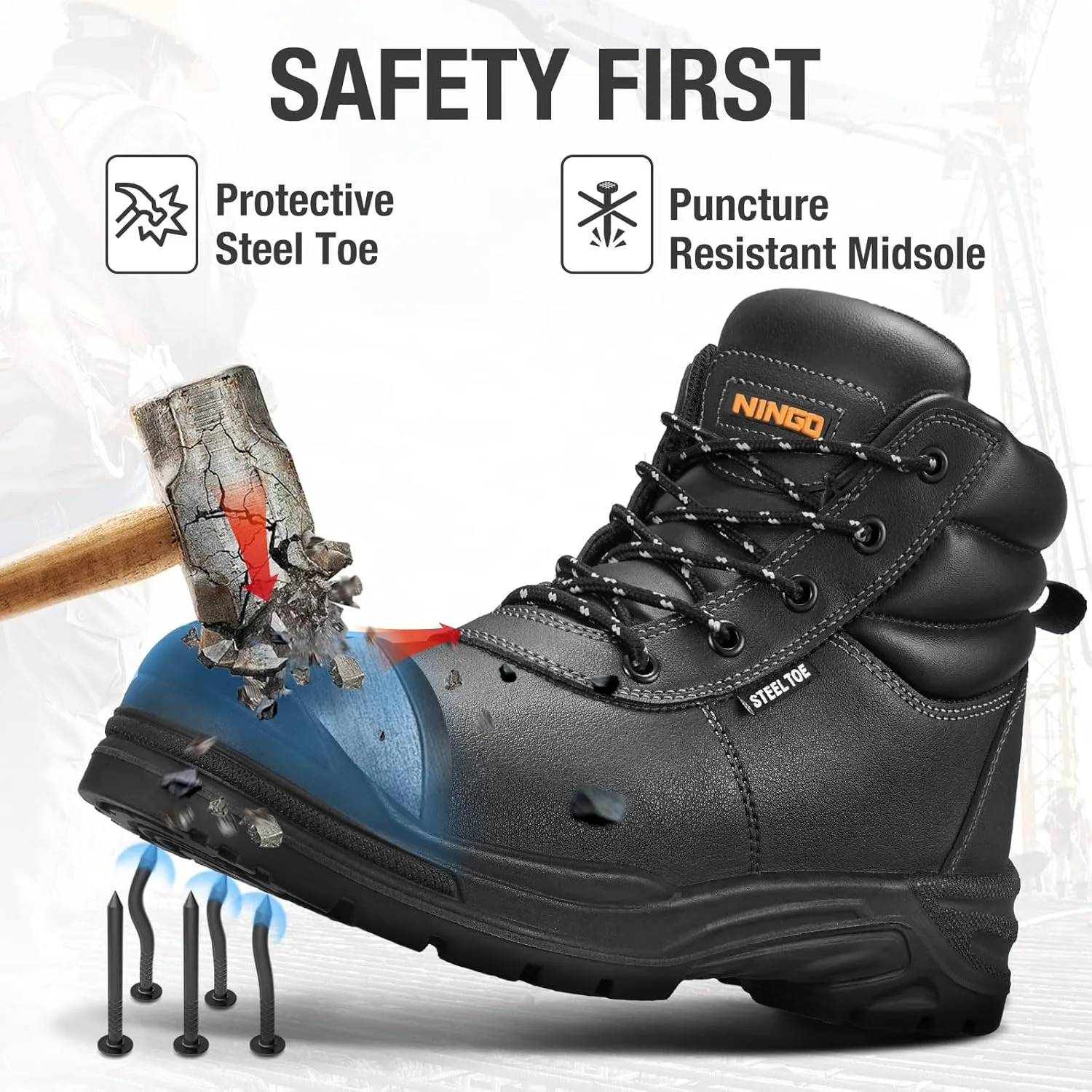 NINGO Steel Toe Work Boots for Men, Non Slip & Puncture Resistant Construction Boots with Breathable Lining, EH Protection, Mens Safety Shoes for Industrial, Roofing and Warehouse