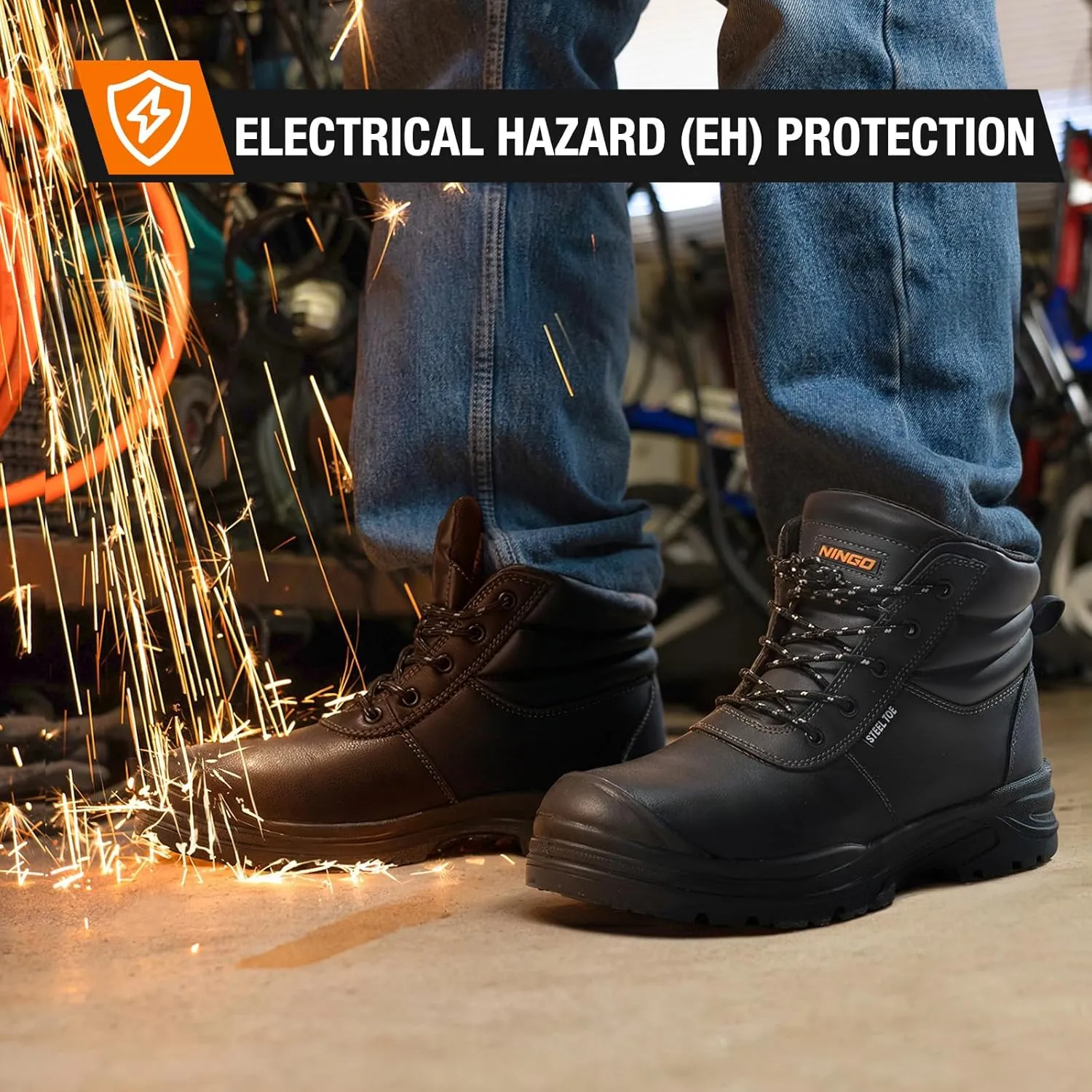NINGO Steel Toe Work Boots for Men, Non Slip & Puncture Resistant Construction Boots with Breathable Lining, EH Protection, Mens Safety Shoes for Industrial, Roofing and Warehouse