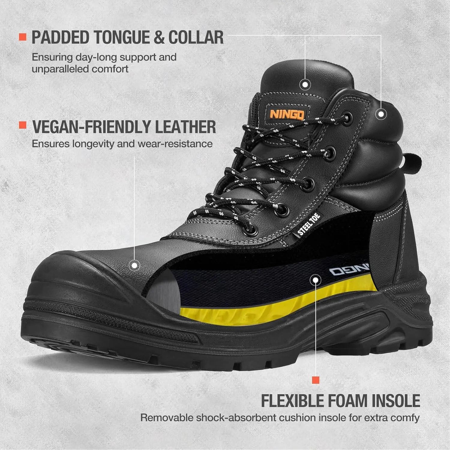NINGO Steel Toe Work Boots for Men, Non Slip & Puncture Resistant Construction Boots with Breathable Lining, EH Protection, Mens Safety Shoes for Industrial, Roofing and Warehouse