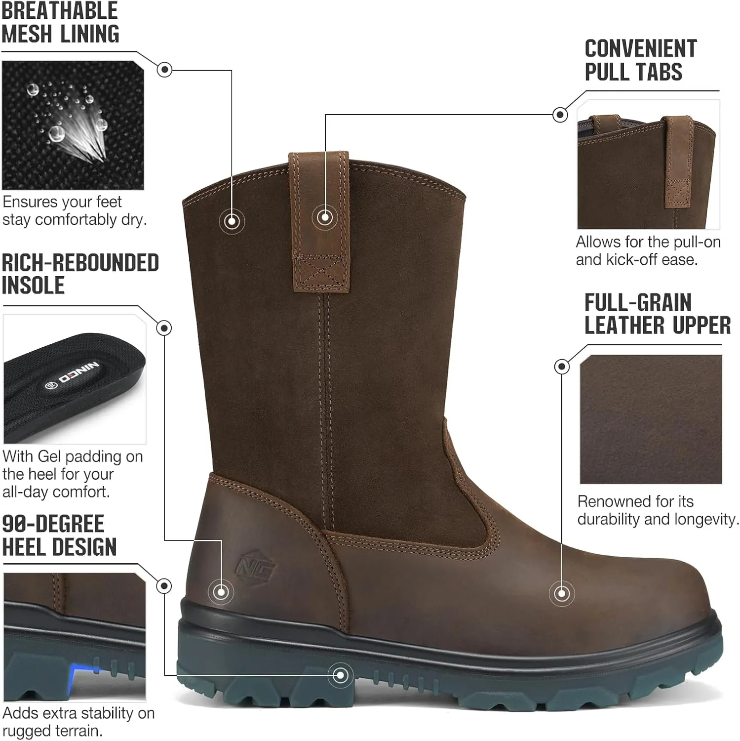 NINGO Steel Toe Work Boots for Men Women, Waterproof Wellington Boots with Full Grain Leather, Oil & Slip Resistant, High Rebound TPU SR Outsole Safety Boots, Pull On Work Boots for Construction, Farming