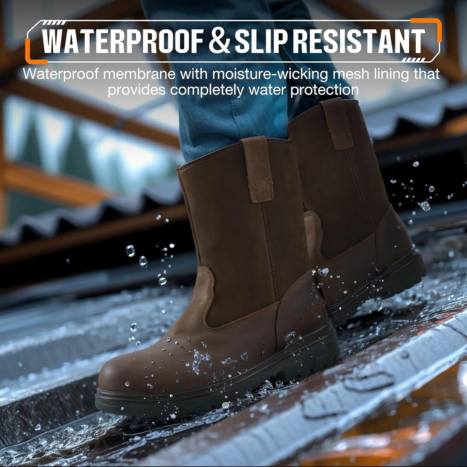 NINGO Steel Toe Work Boots for Men Women, Waterproof Wellington Boots with Full Grain Leather, Oil & Slip Resistant, High Rebound TPU SR Outsole Safety Boots, Pull On Work Boots for Construction, Farming