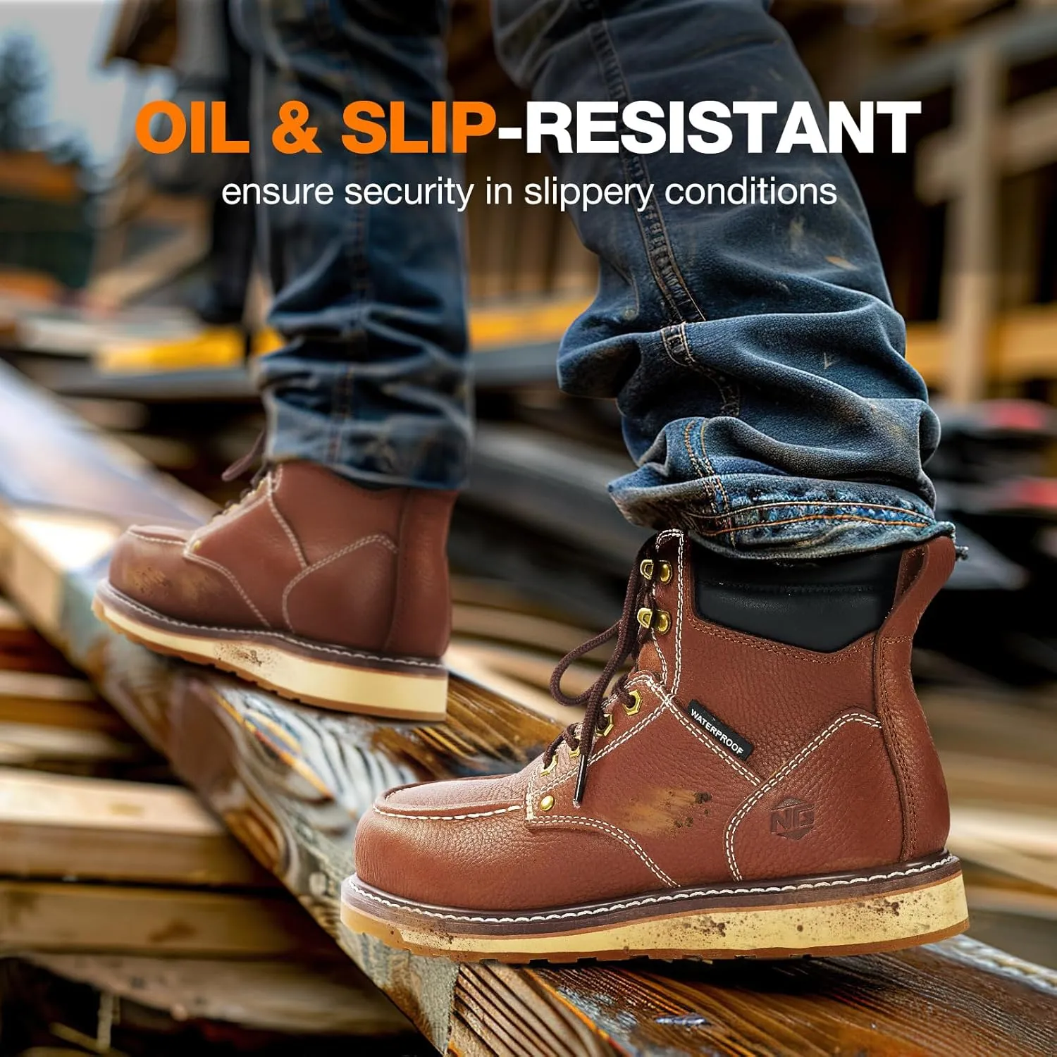 NINGO Steel/Soft Toe Work Boots for Men, 6 Inch Waterproof Mens Wedge Moc Toe Boots, Full-Grain Leather, Oil and Slip-Resistant Safety Boots, EH Protection,Work Boots for Construction, Industrial