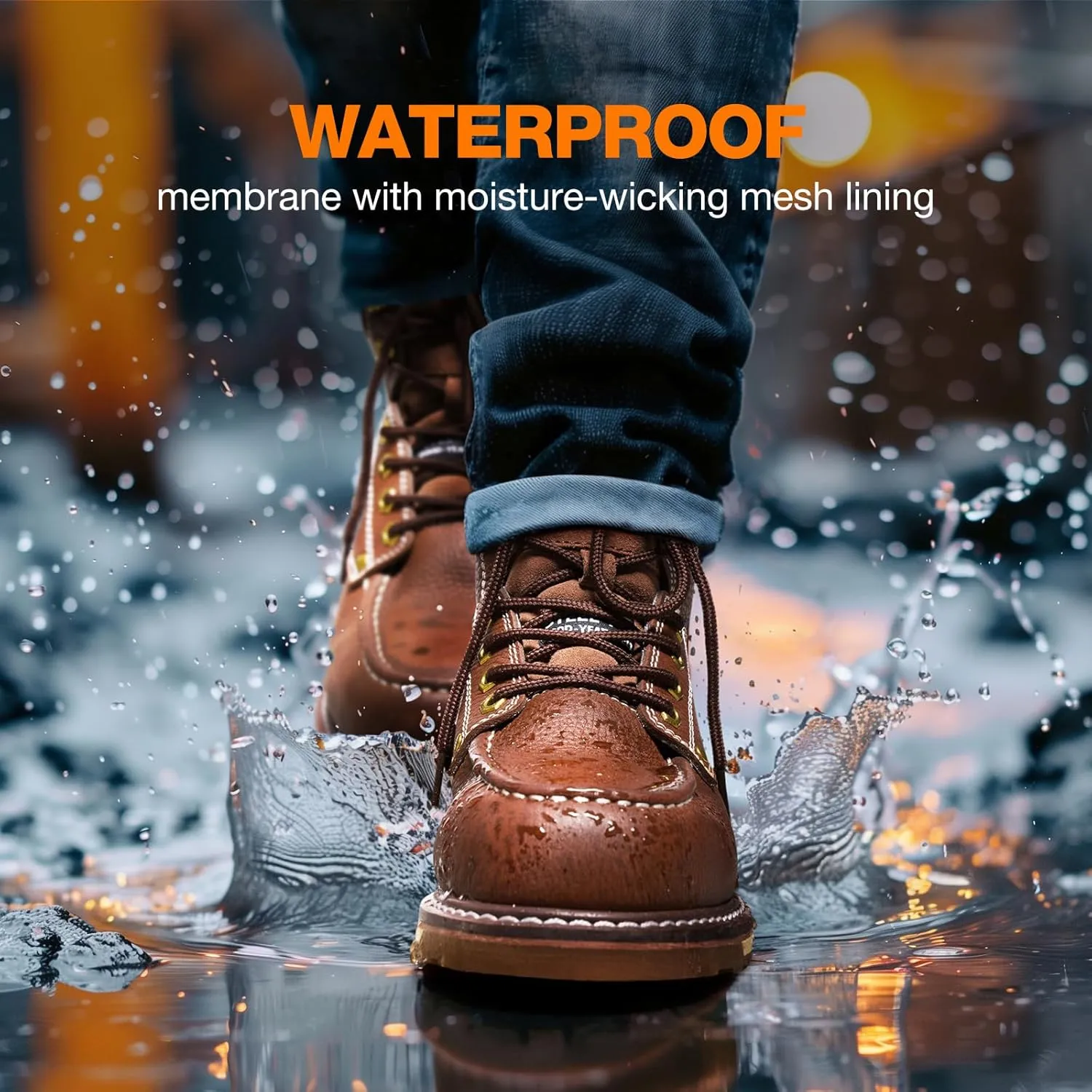 NINGO Steel/Soft Toe Work Boots for Men, 6 Inch Waterproof Mens Wedge Moc Toe Boots, Full-Grain Leather, Oil and Slip-Resistant Safety Boots, EH Protection,Work Boots for Construction, Industrial