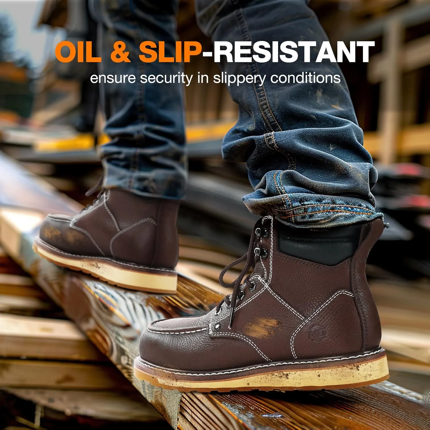 NINGO Steel/Soft Toe Work Boots for Men, 6 Inch Waterproof Mens Wedge Moc Toe Boots, Full-Grain Leather, Oil and Slip-Resistant Safety Boots, EH Protection,Work Boots for Construction, Industrial