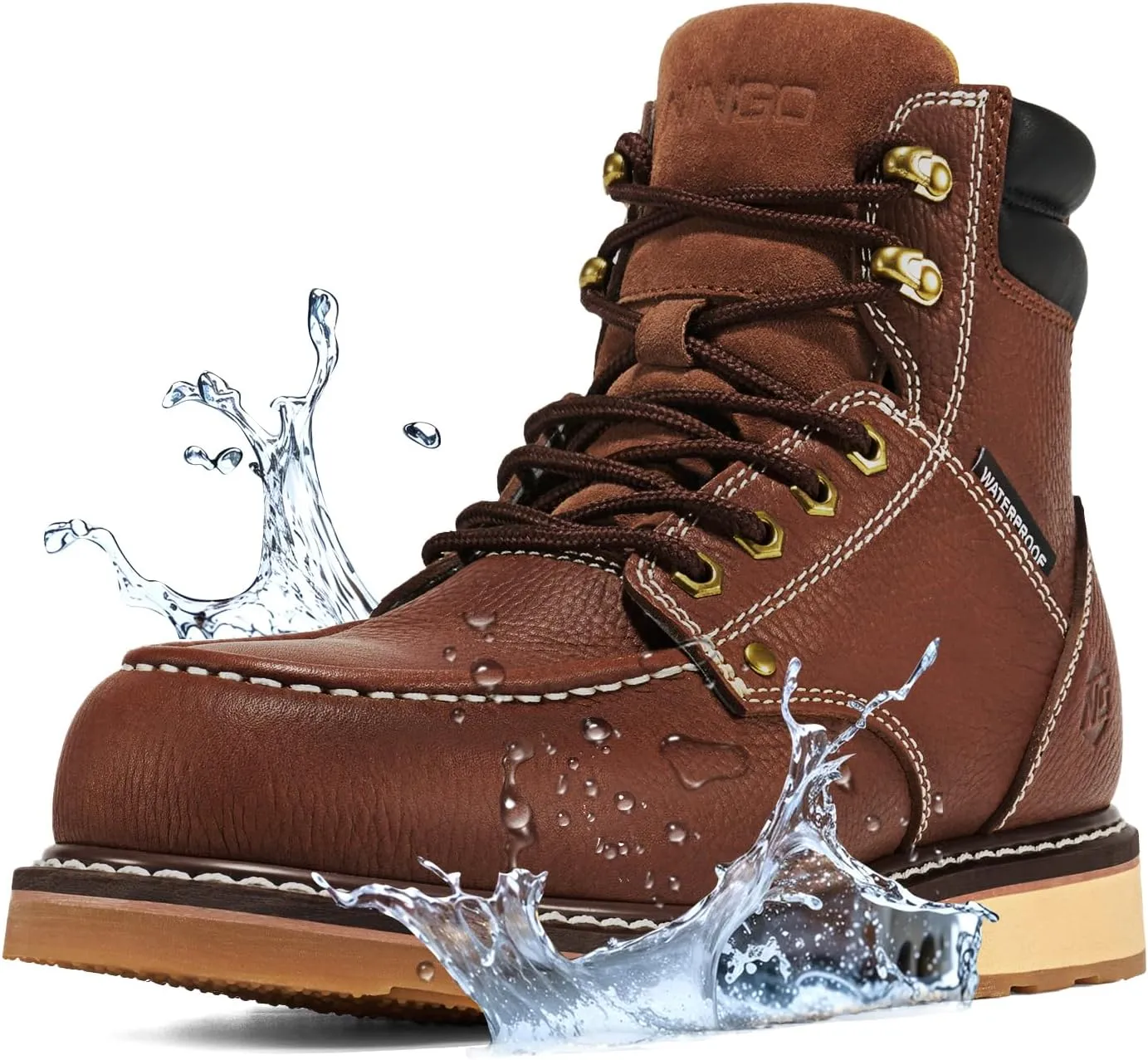 NINGO Steel/Soft Toe Work Boots for Men, 6 Inch Waterproof Mens Wedge Moc Toe Boots, Full-Grain Leather, Oil and Slip-Resistant Safety Boots, EH Protection,Work Boots for Construction, Industrial