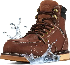 NINGO Steel/Soft Toe Work Boots for Men, 6 Inch Waterproof Mens Wedge Moc Toe Boots, Full-Grain Leather, Oil and Slip-Resistant Safety Boots, EH Protection,Work Boots for Construction, Industrial