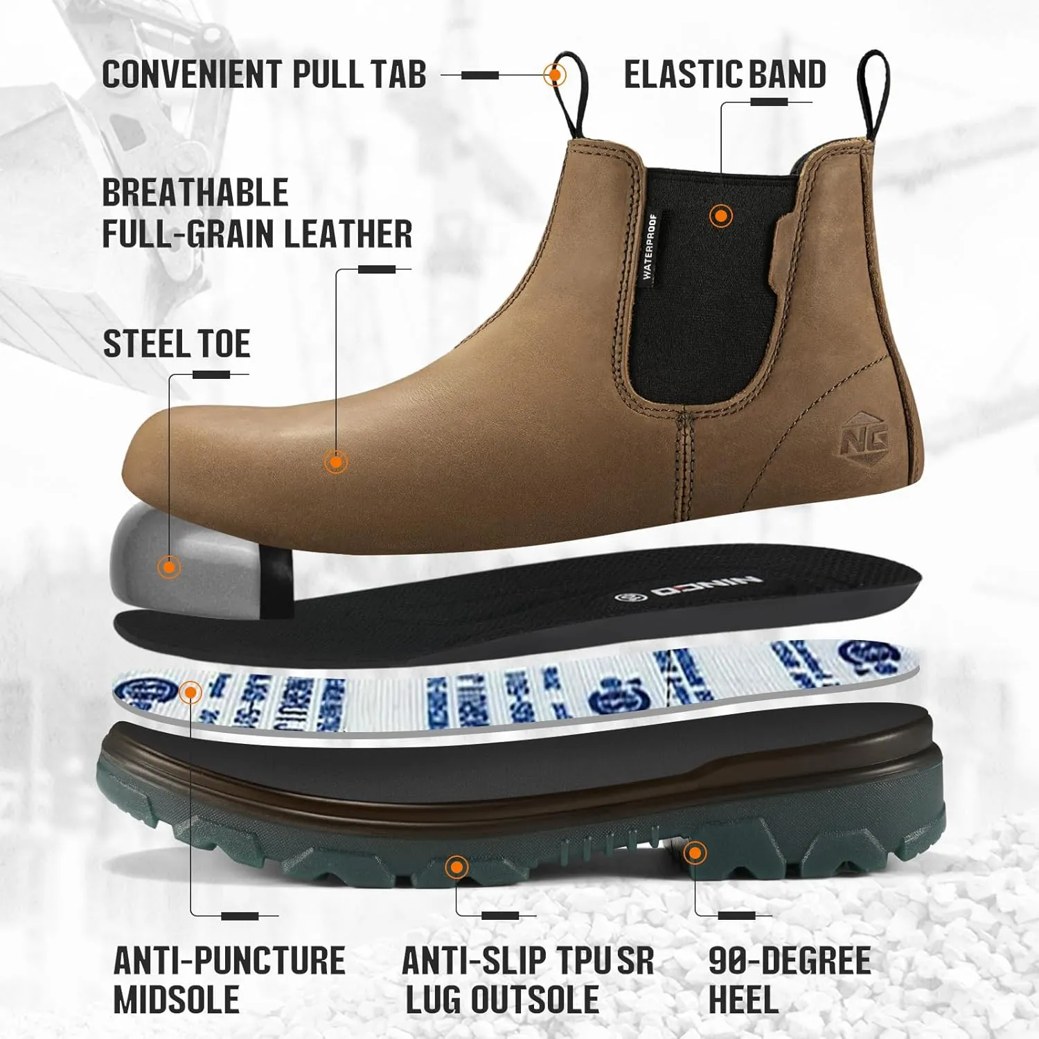 NINGO Waterproof Steel Toe Leather Chelsea Work Boots - Slip On, Puncture Resistant - Lightweight Safety Construction for Men & Women - Industrial, Warehouse