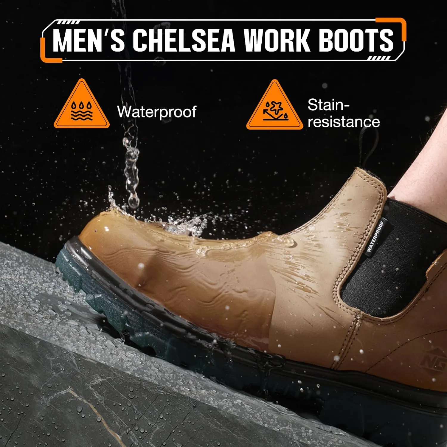 NINGO Waterproof Steel Toe Leather Chelsea Work Boots - Slip On, Puncture Resistant - Lightweight Safety Construction for Men & Women - Industrial, Warehouse