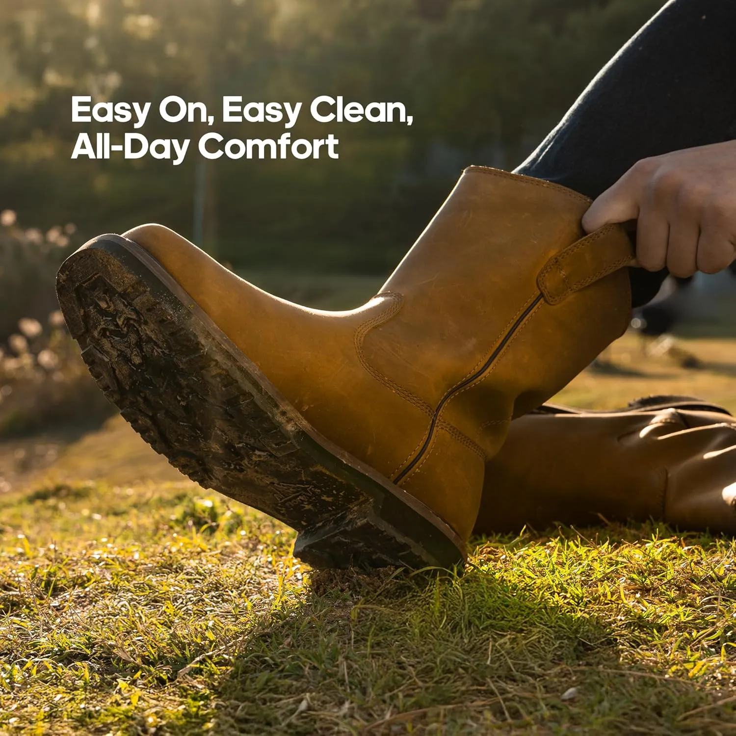 NORTIV 8 Steel Toe Boots for Men Waterproof Pull-on Wellington Work Boots Bronco Stormrider