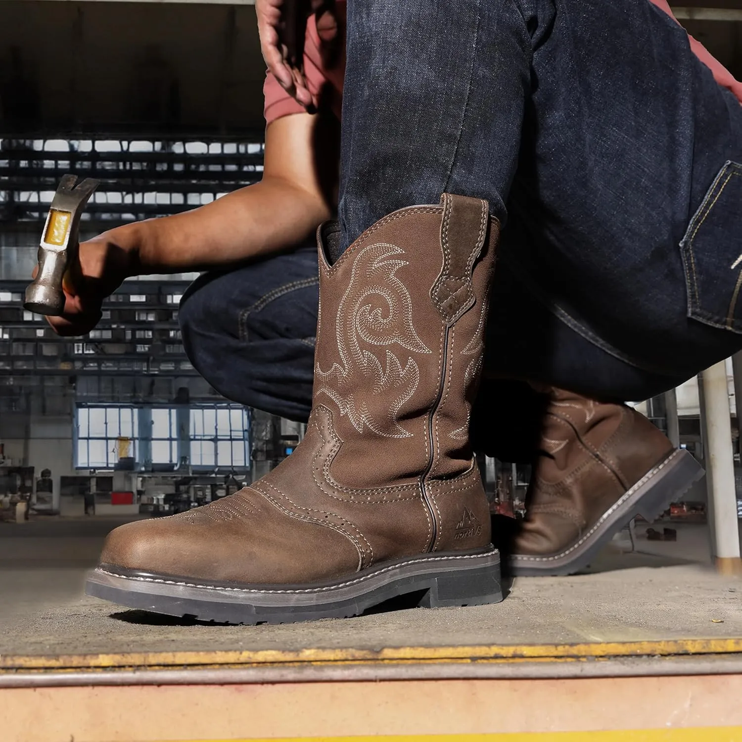 NORTIV 8 Steel Toe Cowboy Boots for Men Western Square Toe Leather Work Boots with Hazard Protection,for Construction Farming Bronco Trailblazer