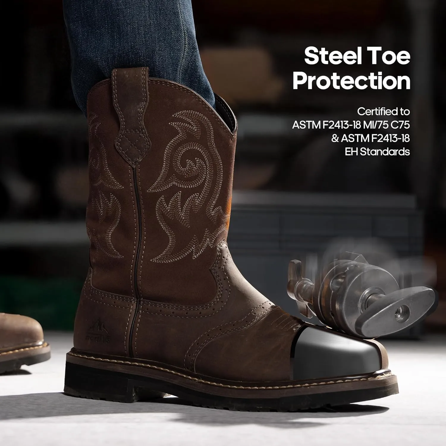 NORTIV 8 Steel Toe Cowboy Boots for Men Western Square Toe Leather Work Boots with Hazard Protection,for Construction Farming Bronco Trailblazer