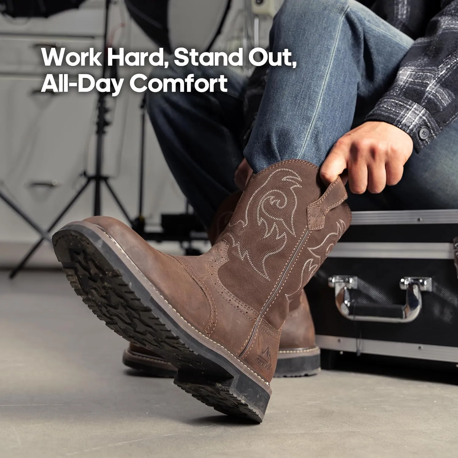 NORTIV 8 Steel Toe Cowboy Boots for Men Western Square Toe Leather Work Boots with Hazard Protection,for Construction Farming Bronco Trailblazer