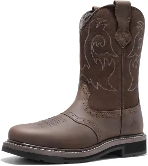 NORTIV 8 Steel Toe Cowboy Boots for Men Western Square Toe Leather Work Boots with Hazard Protection,for Construction Farming Bronco Trailblazer