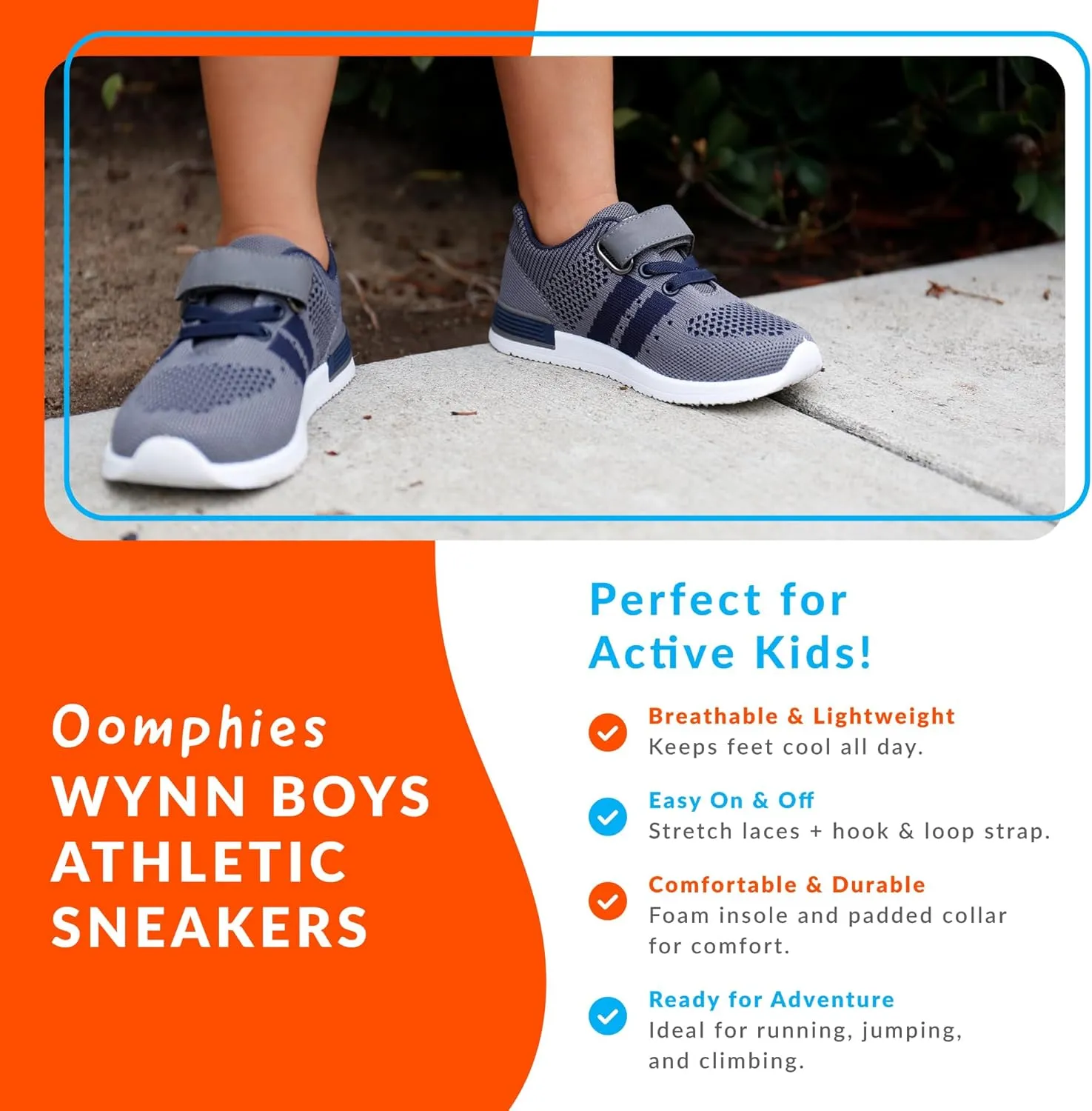 Oomphies Wynn Boys Athletic Sneakers – Breathable Knit Upper, Hook & Loop Closure, Cushioned Insole & Lightweight Design