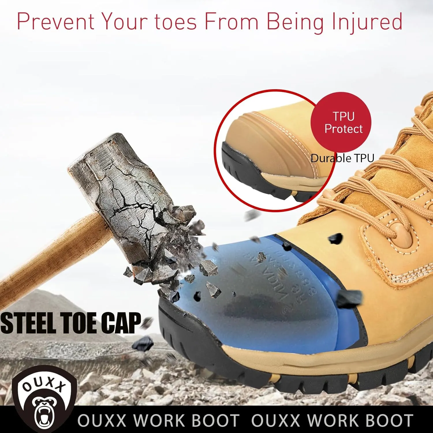 OUXX Work Boots for Men, Side Zipper Steel Toe Shoes, Water-Resistant, Non-Slip, Puncture-Proof(OX2720)