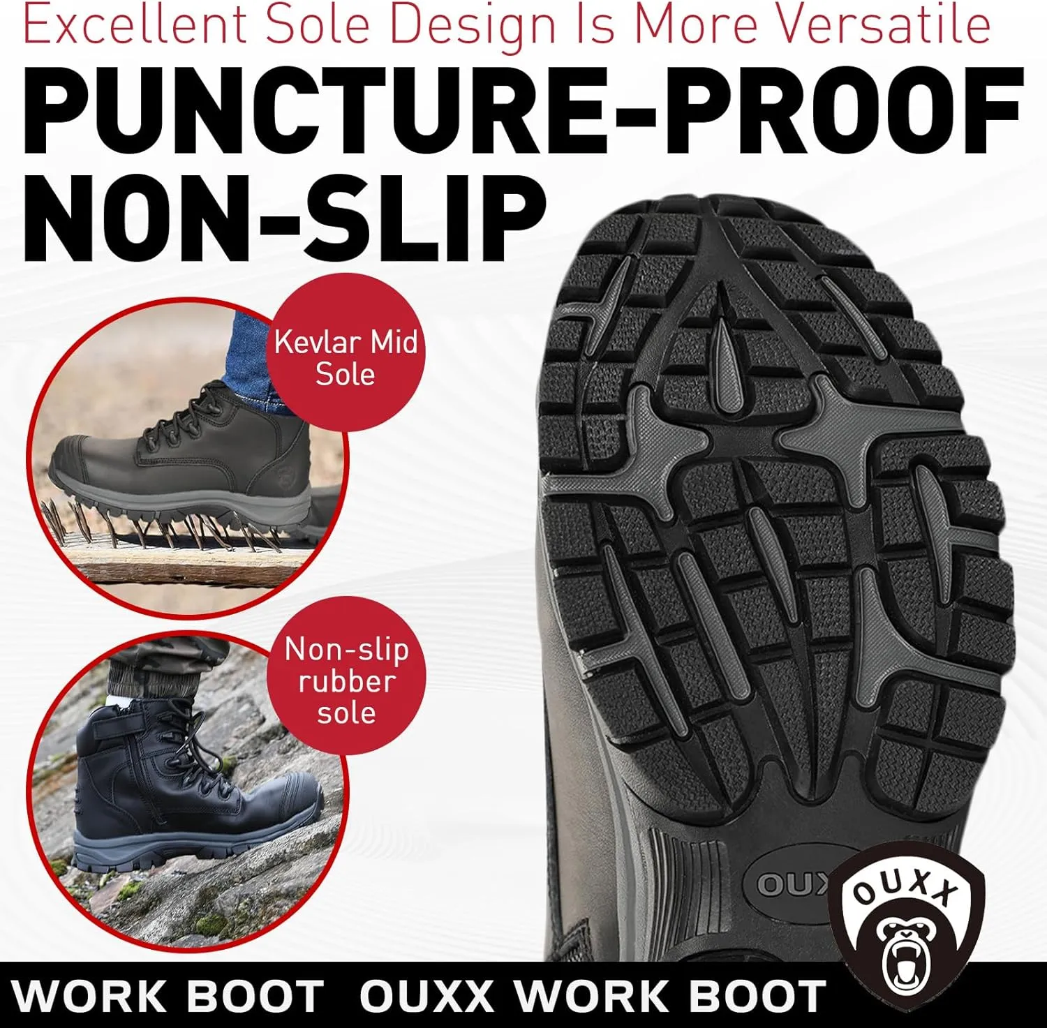OUXX Work Boots for Men, Side Zipper Steel Toe Shoes, Water-Resistant, Non-Slip, Puncture-Proof(OX2720)