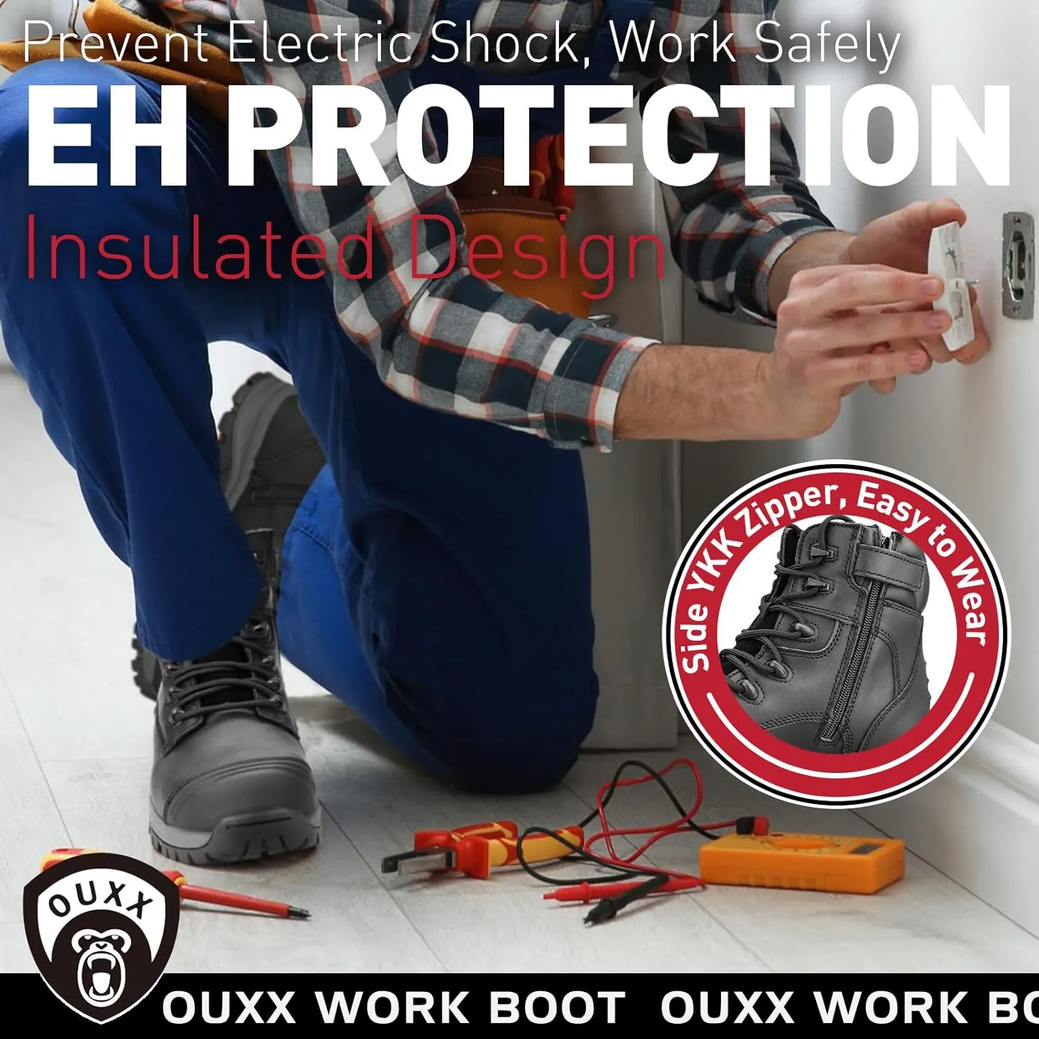OUXX Work Boots for Men, Side Zipper Steel Toe Shoes, Water-Resistant, Non-Slip, Puncture-Proof(OX2720)