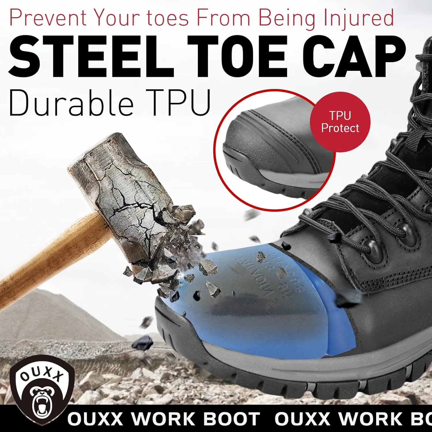 OUXX Work Boots for Men, Side Zipper Steel Toe Shoes, Water-Resistant, Non-Slip, Puncture-Proof(OX2720)