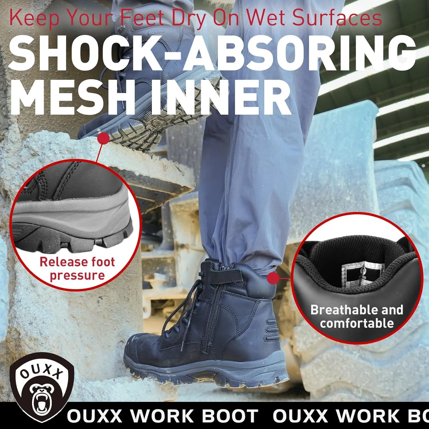 OUXX Work Boots for Men, Side Zipper Steel Toe Shoes, Water-Resistant, Non-Slip, Puncture-Proof(OX2720)