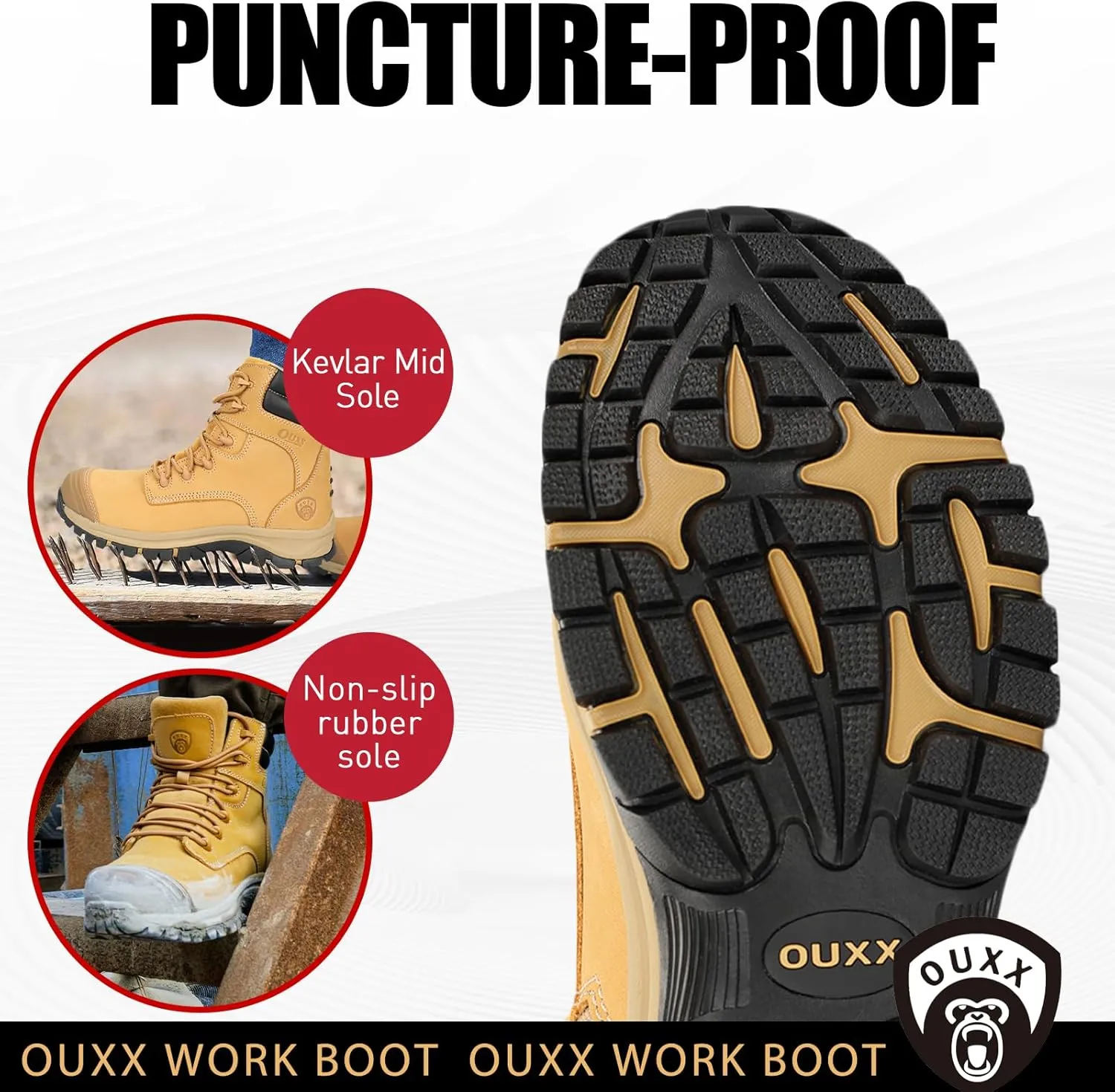 OUXX Work Boots for Men, Side Zipper Steel Toe Shoes, Water-Resistant, Non-Slip, Puncture-Proof(OX2720)