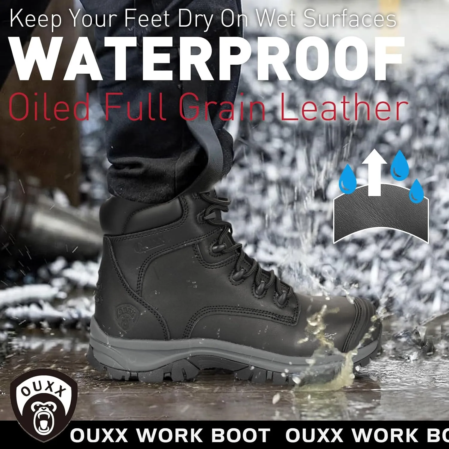 OUXX Work Boots for Men, Side Zipper Steel Toe Shoes, Water-Resistant, Non-Slip, Puncture-Proof(OX2720)
