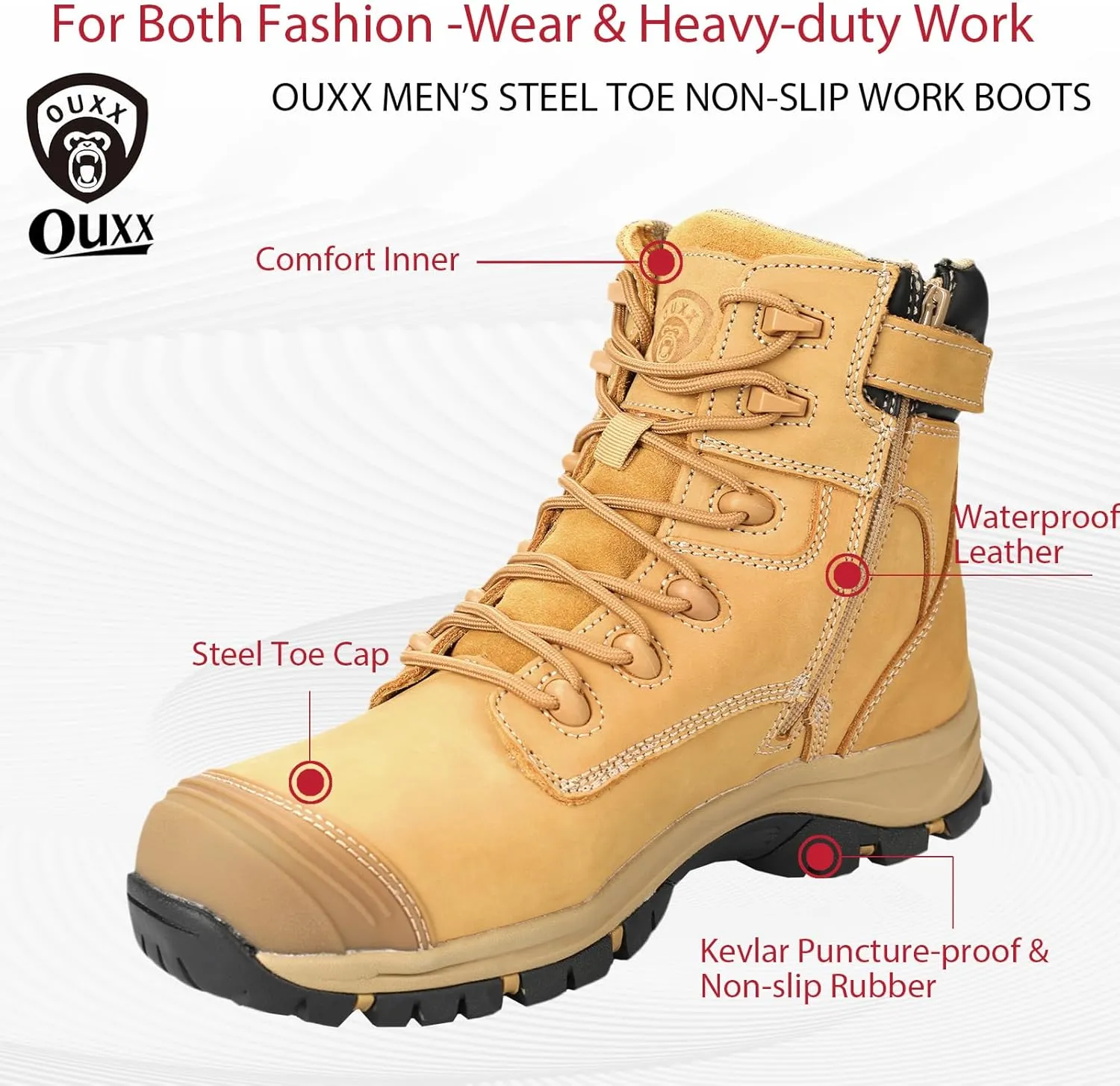 OUXX Work Boots for Men, Side Zipper Steel Toe Shoes, Water-Resistant, Non-Slip, Puncture-Proof(OX2720)