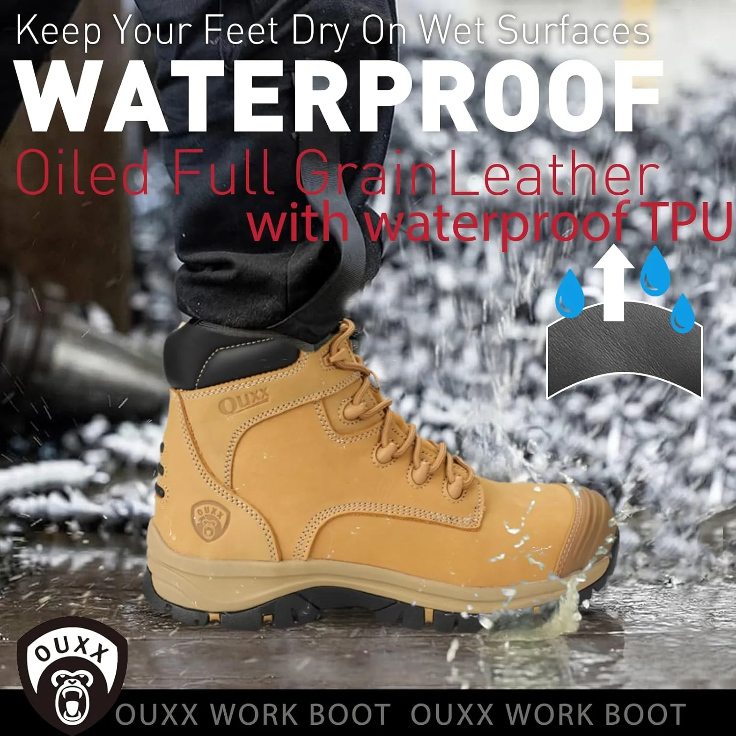 OUXX Work Boots for Men, Side Zipper Steel Toe Shoes, Water-Resistant, Non-Slip, Puncture-Proof(OX2720)